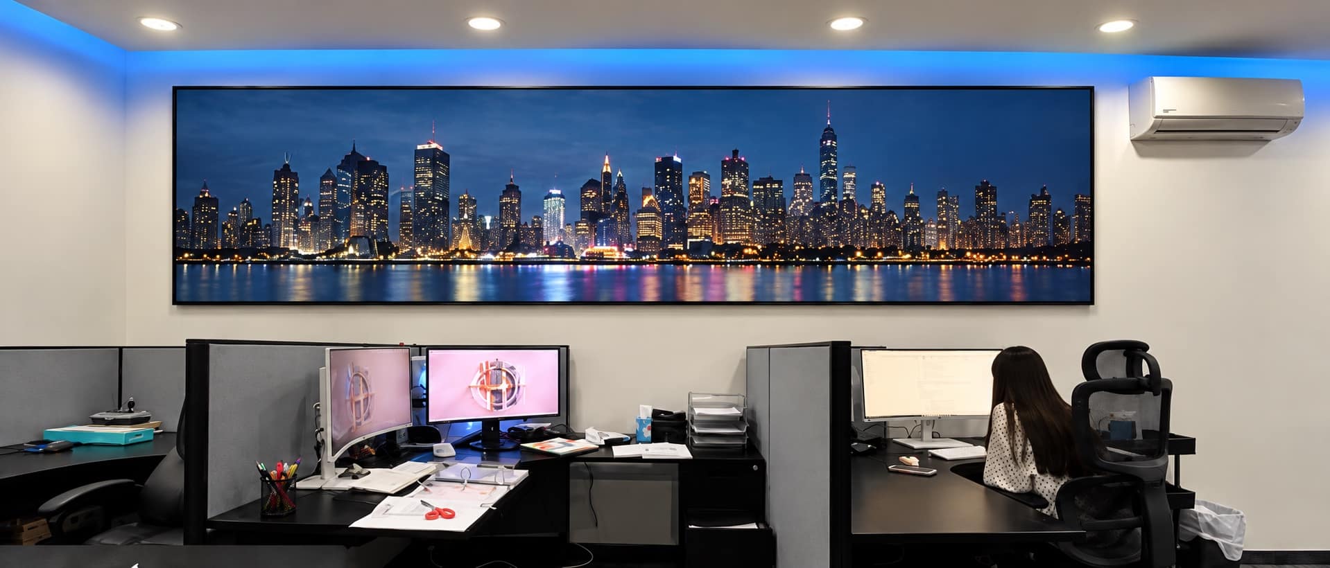 Cuadros de Fotos Personalizado | Canvas y Acrílico HD Cuadro panorámico de ciudad en una oficina