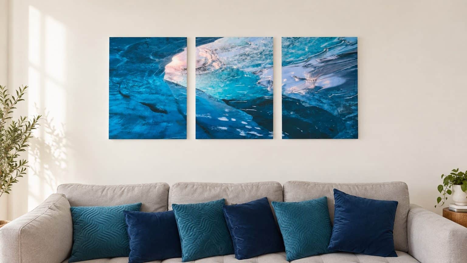 Cuadros de Fotos Personalizado | Canvas y Acrílico HD Tríptico en canvas sobre un sillón azul