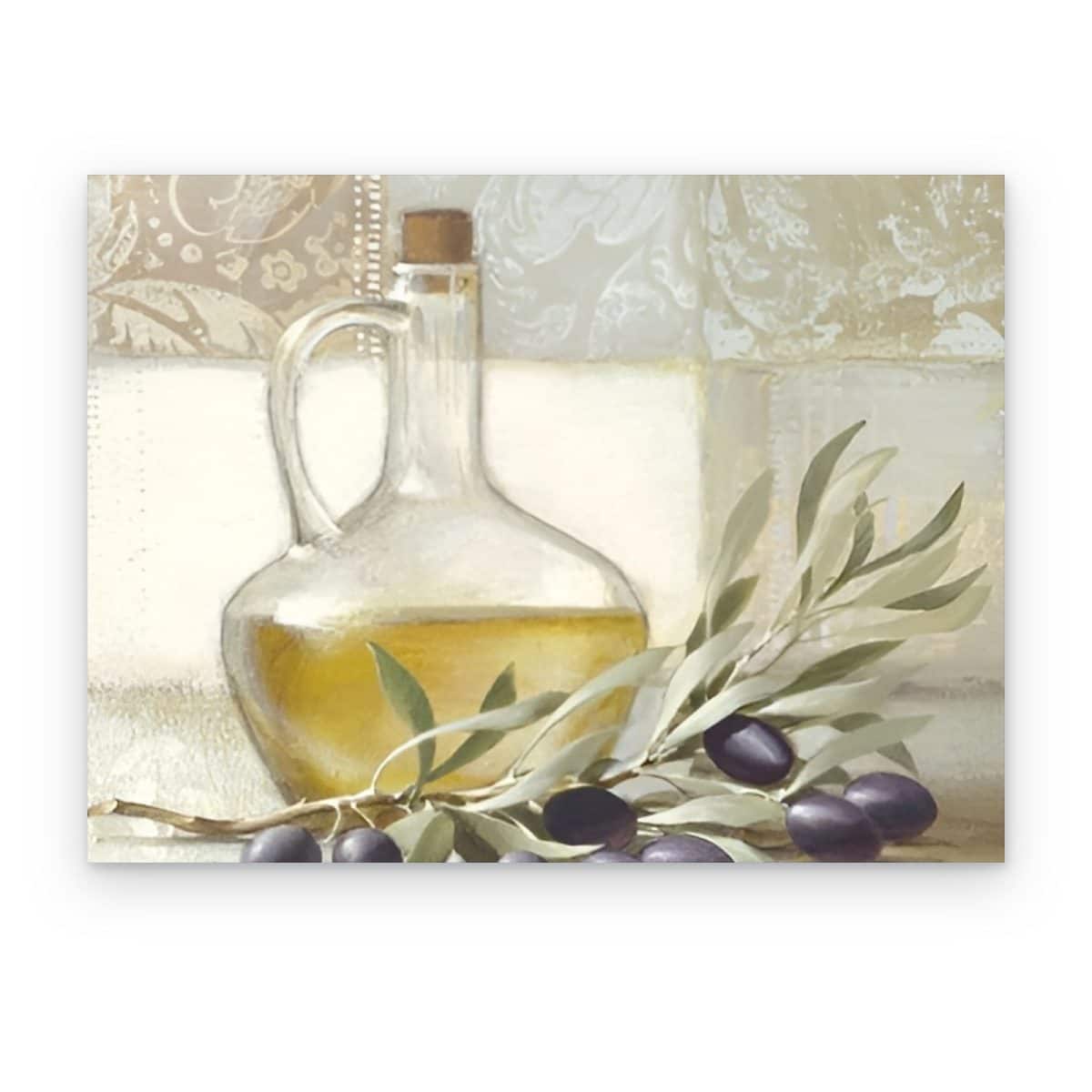 Cuadro Aceite de Oliva impreso en canvas, botella de aceite con rama de olivo y aceitunas