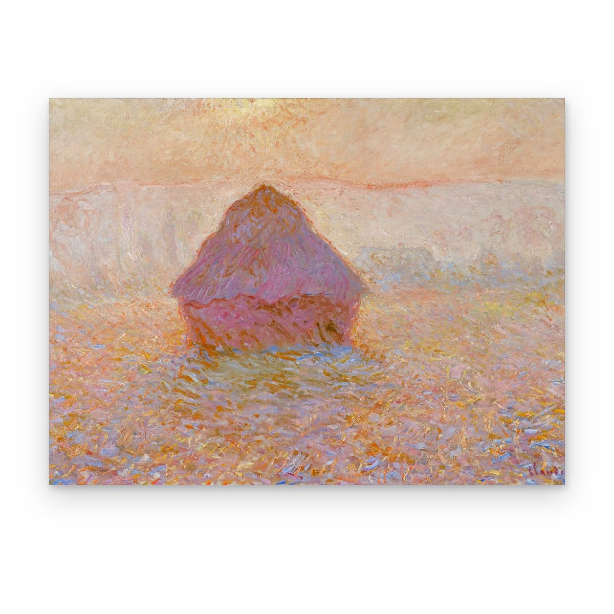 Cuadro Almiar en la Bruma impreso en canvas, almiar bajo el sol entre niebla rosa y naranja