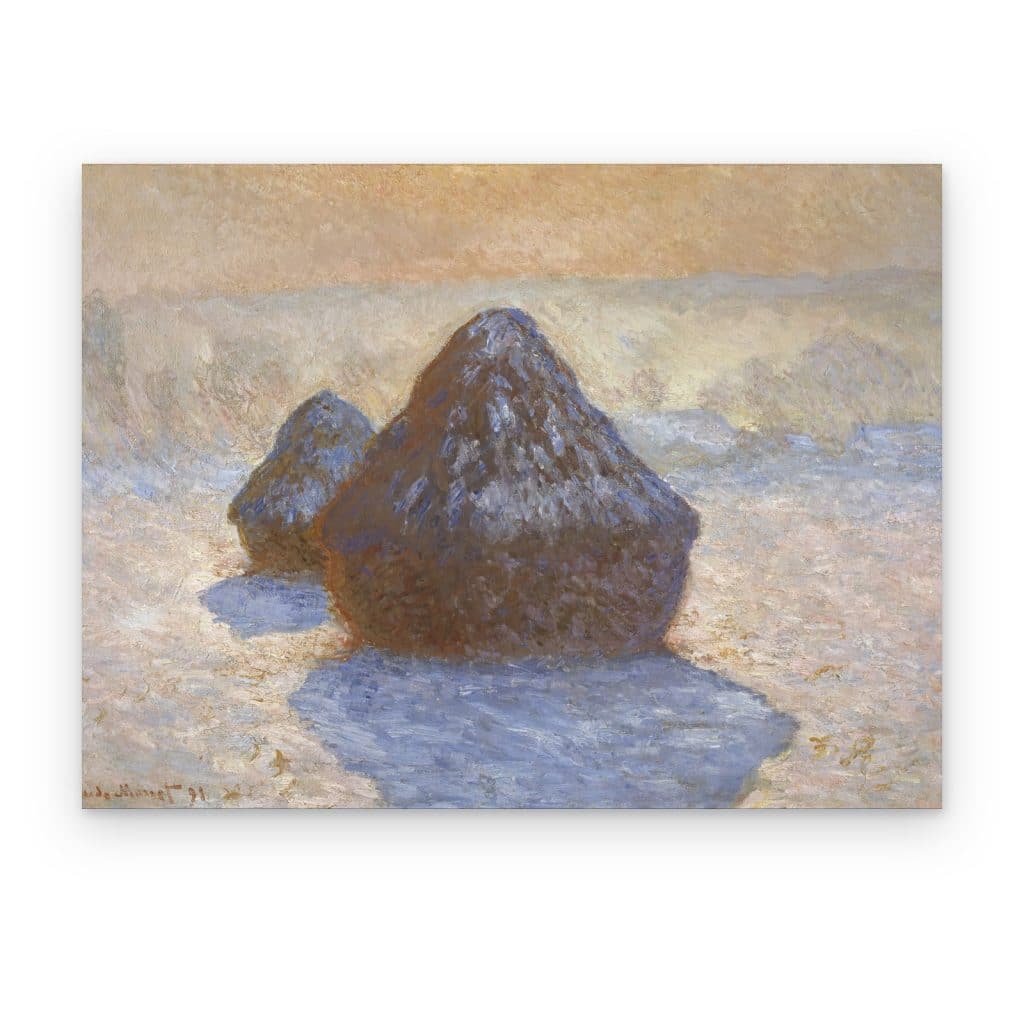 Cuadro Almiares bajo la Nieve de Monet impreso en canvas, dos almiares en un campo nevado