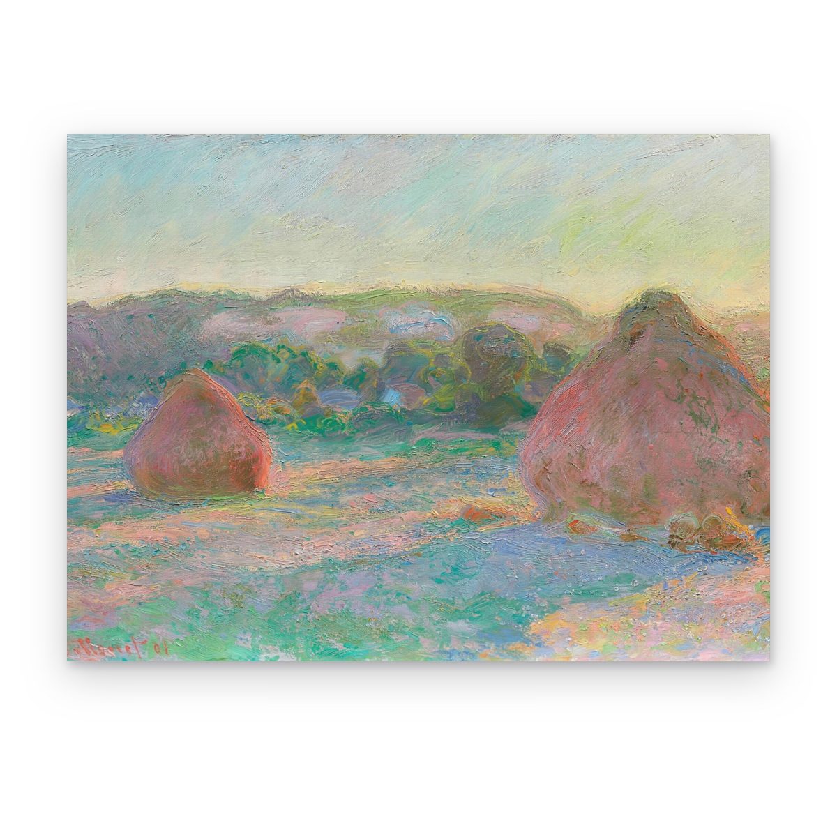 Cuadro Almiares de Verano impreso en canvas, dos almiares en un campo con luz rosa y verde