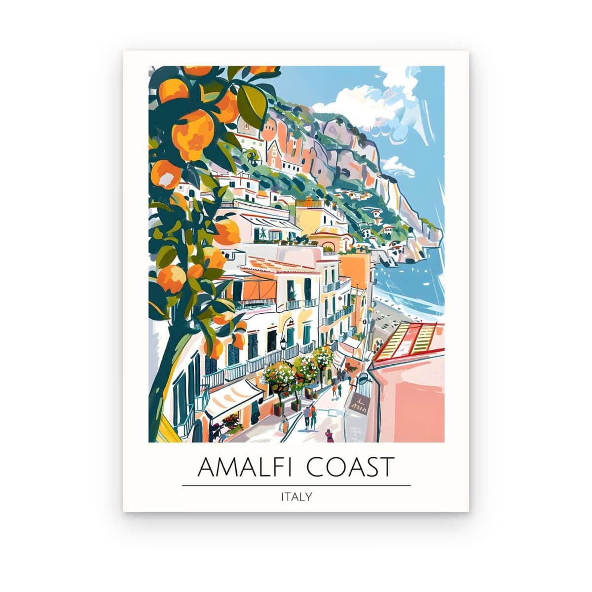 Cuadro Amalfi entre Naranjos impreso en canvas, pueblo de casas pastel junto al mar con ramas de naranjo