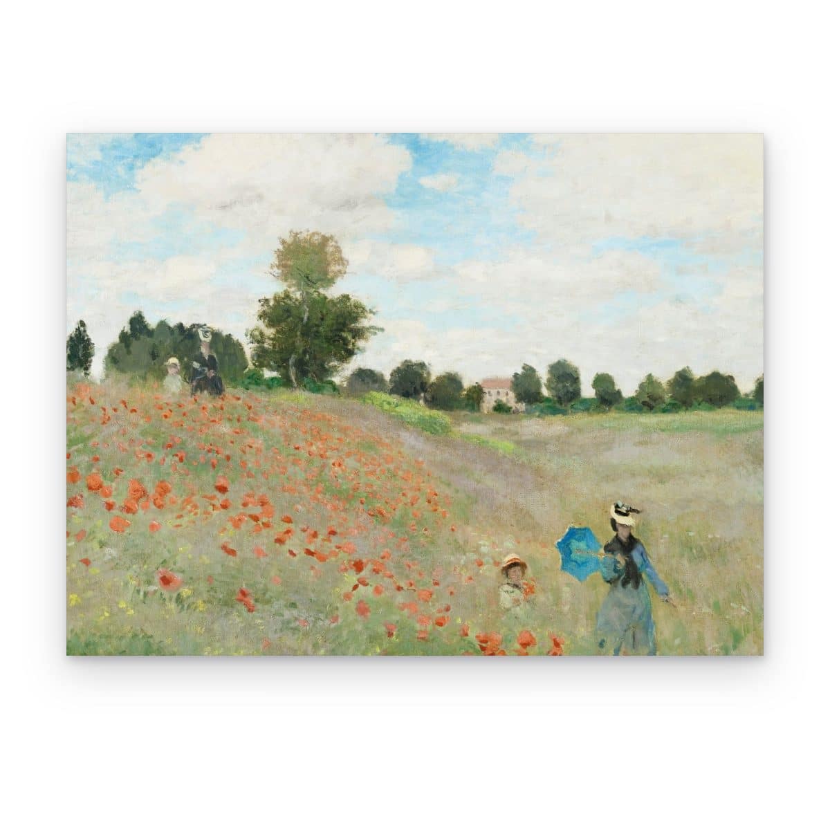 Cuadro Amapolas en Argenteuil impreso en canvas, campo de amapolas rojas con paseantes y sombrilla, de Monet