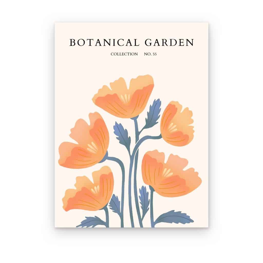 Cuadro Amapolas Naranjas impreso en canvas, póster Botanical Garden con amapolas sobre fondo crema