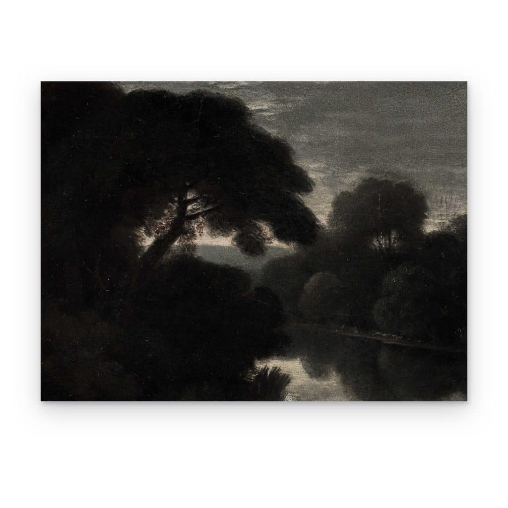 Cuadro Arboleda en Penumbra impreso en canvas, árboles oscuros reflejados en el río al anochecer