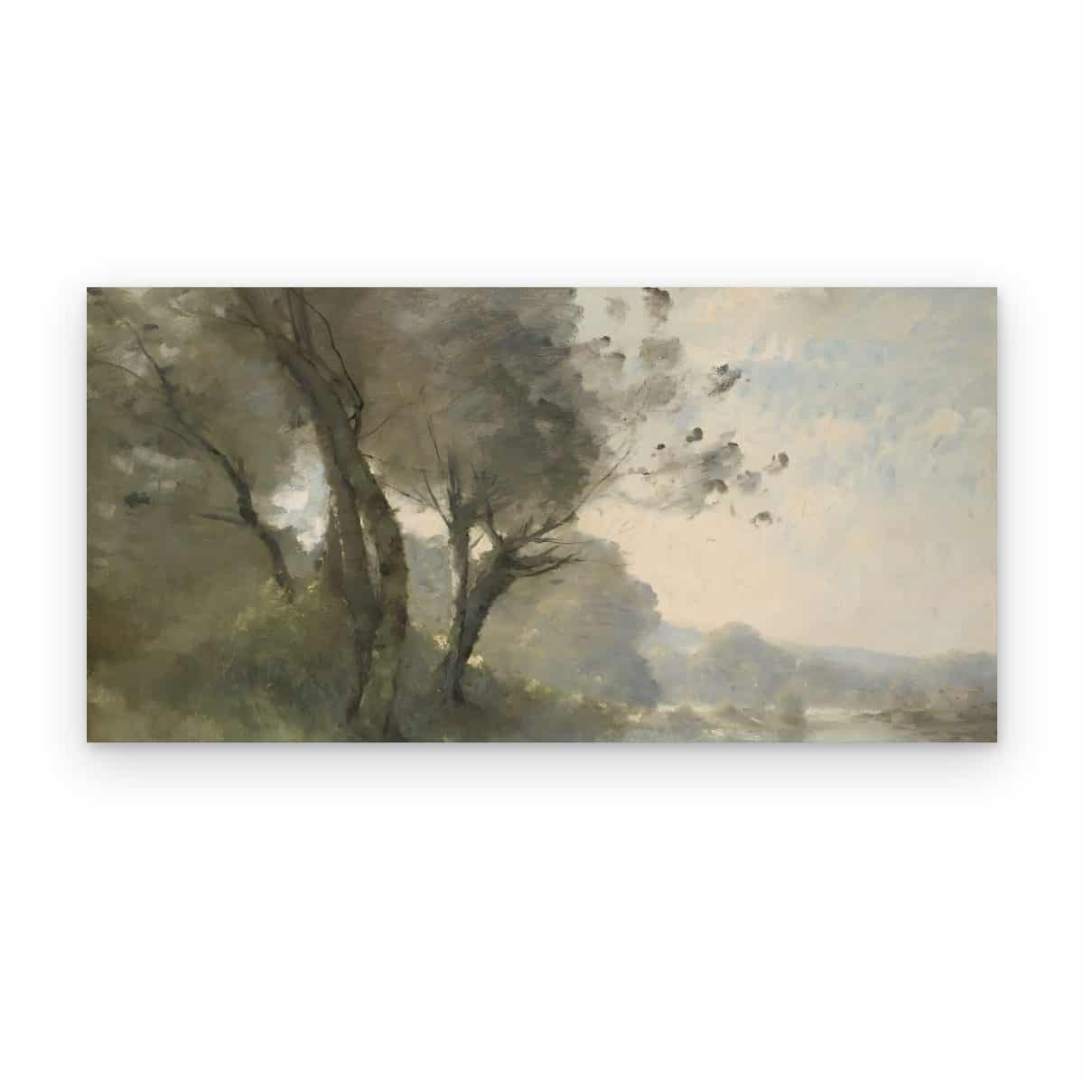 Cuadro Árboles en la Bruma impreso en canvas, árboles junto a un río en bruma al óleo