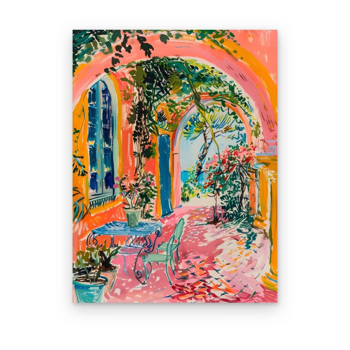 Cuadro Arco al Jardín impreso en canvas, terraza con arco y jardín exuberante en colores vivos