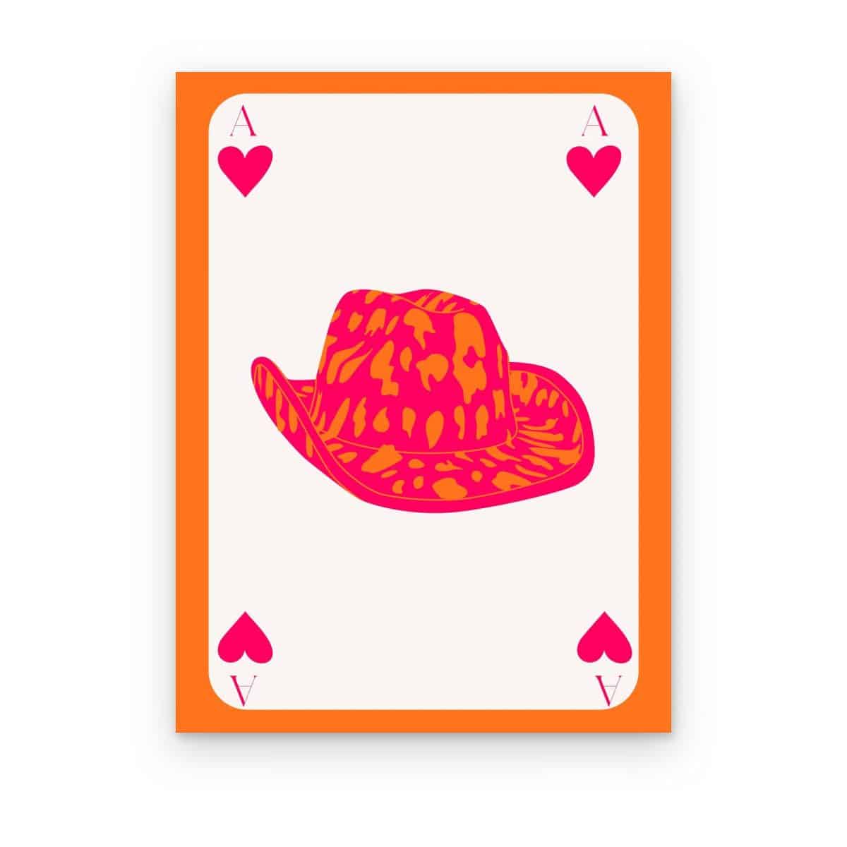 Cuadro As del Rodeo impreso en canvas, carta de as con sombrero vaquero fucsia y marco naranja