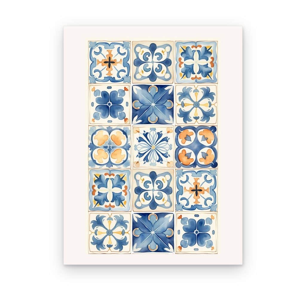 Cuadro Azulejos Mediterráneos impreso en canvas, azulejos azules y naranjas en acuarela