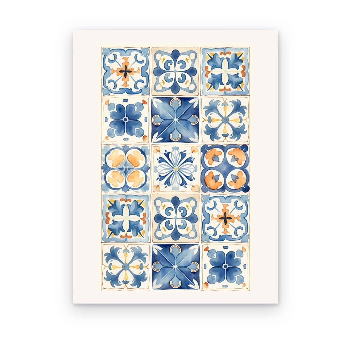 Cuadro Azulejos Mediterráneos impreso en canvas, azulejos azules y naranjas en acuarela