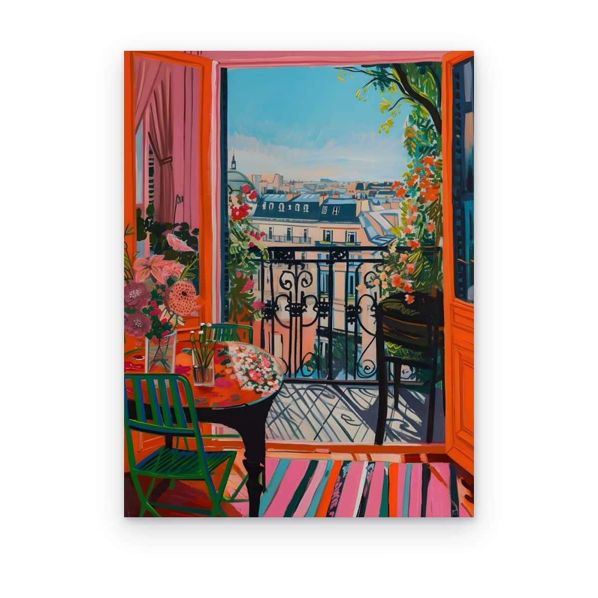 Cuadro Balcón Parisino impreso en canvas, balcón parisino con puertas abiertas, flores y alfombra de rayas