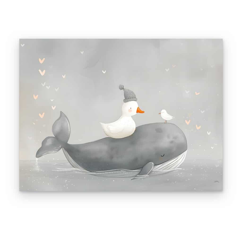 Cuadro Ballena y Patito impreso en canvas, ballena gris con un patito sobre el lomo