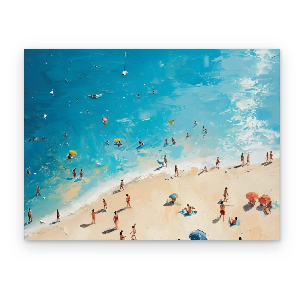 Cuadro Bañistas al Sol impreso en canvas, playa vista desde arriba con bañistas, sombrillas y agua turquesa