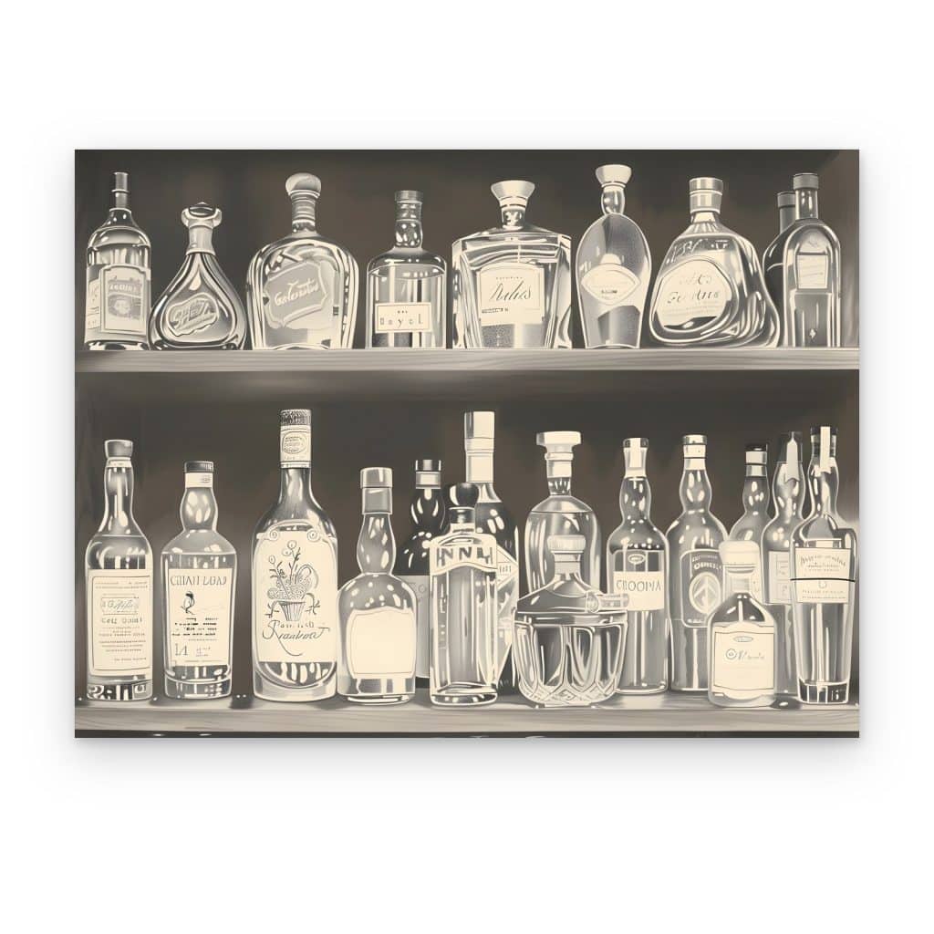 Cuadro Bar Clásico impreso en canvas, botellas de licor en repisas en blanco y negro