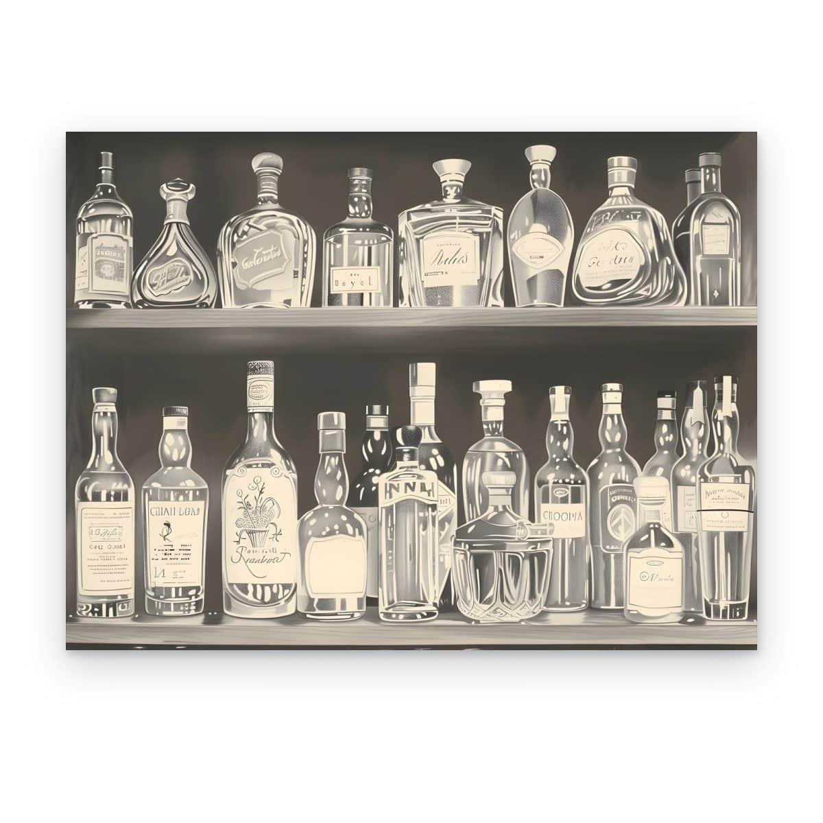 Cuadro Bar Clásico impreso en canvas, botellas de licor en repisas en blanco y negro