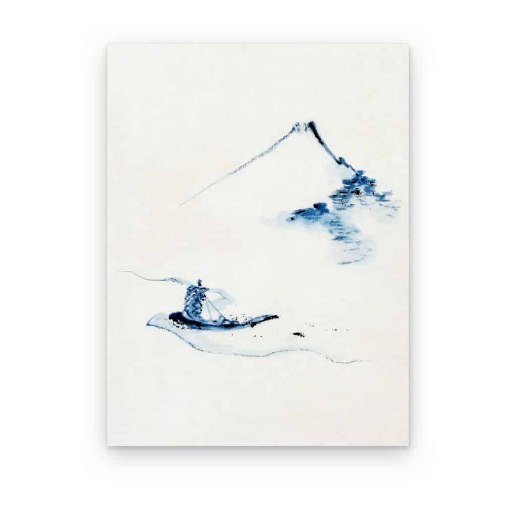 Cuadro Barca bajo el Fuji de Hokusai impreso en canvas, trazos azules sobre blanco