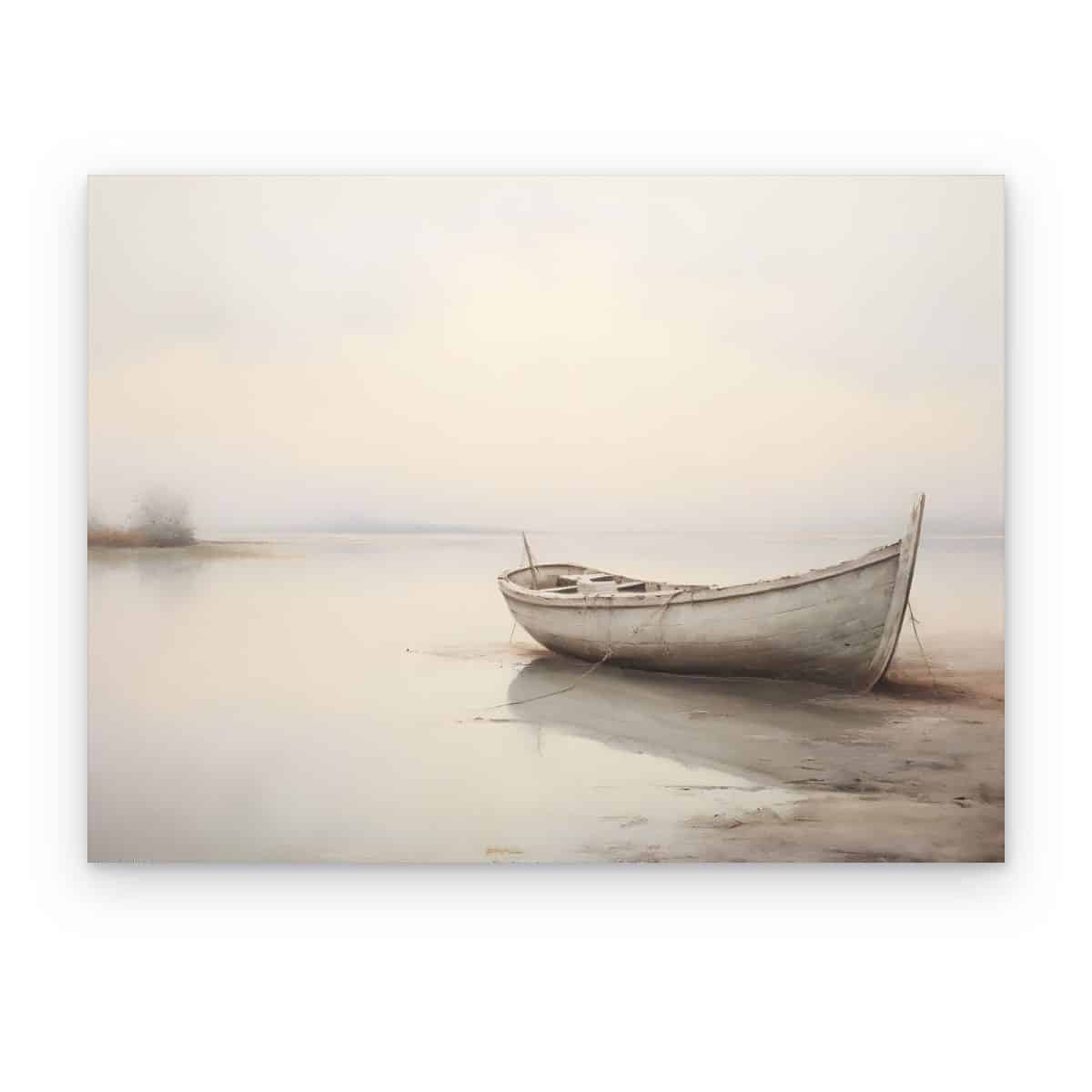 Cuadro Barca Blanca impreso en canvas, barca de madera en agua quieta y brumosa en tonos neutros