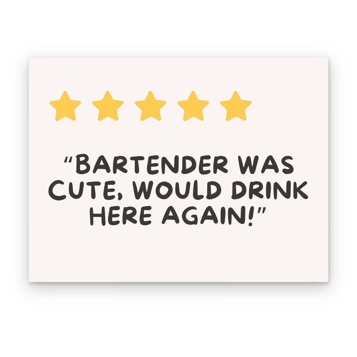 Cuadro Bartender Was Cute impreso en canvas, cinco estrellas amarillas y frase sobre el bartender en fondo crema