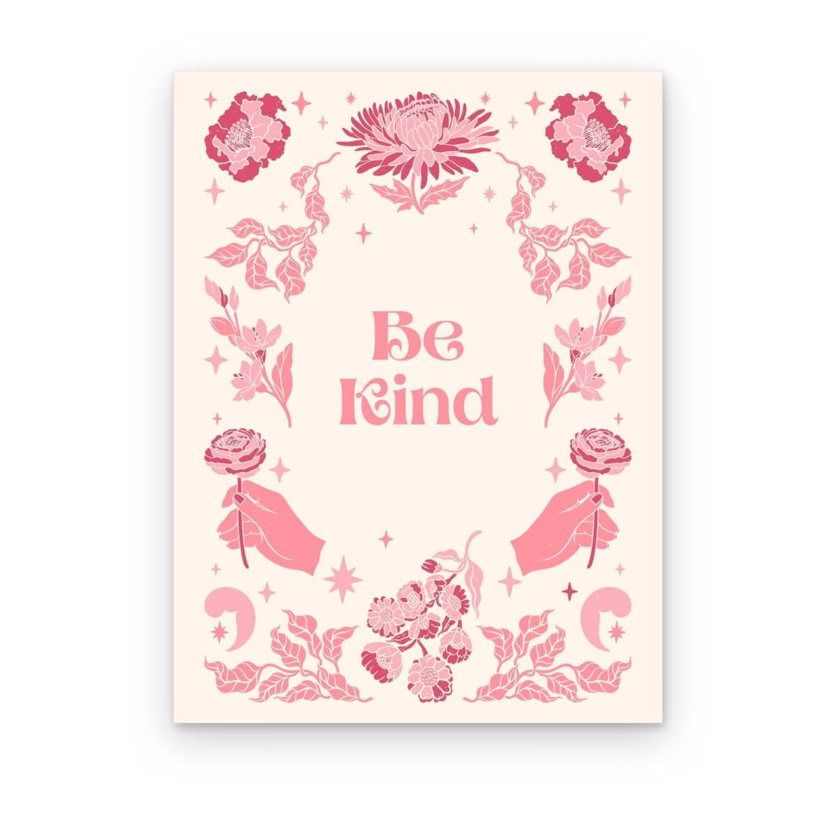 Cuadro Be Kind impreso en canvas, frase rosa en marco floral folk con rosas y manos sobre fondo crema