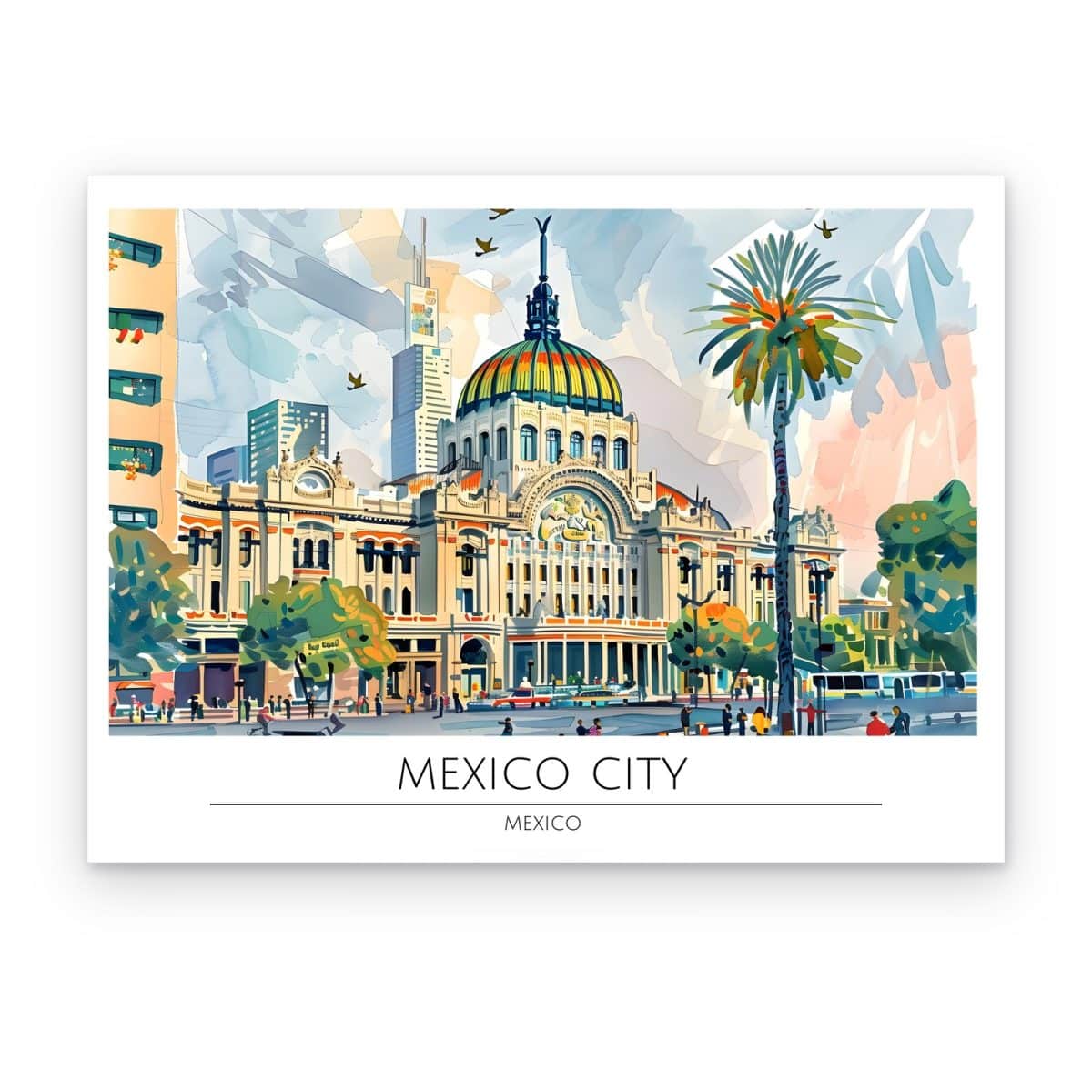 Cuadro Bellas Artes CDMX impreso en canvas, Palacio de Bellas Artes en acuarela con palmeras y texto Mexico City