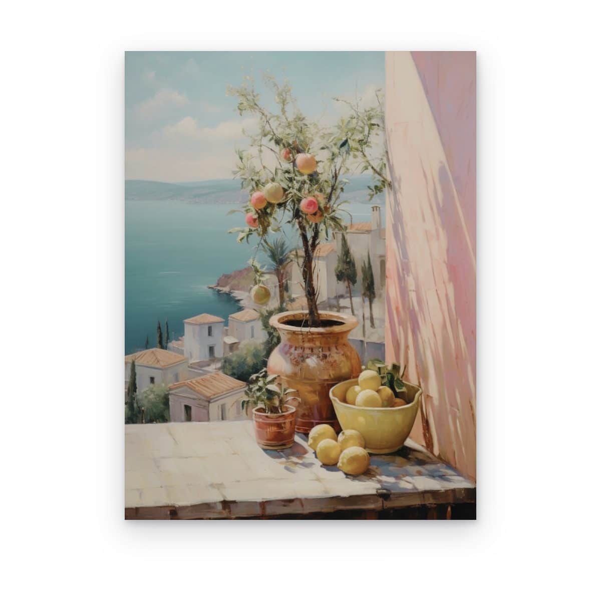 Cuadro Bodegón frente al Mar impreso en canvas, maceta con árbol frutal y bol de limones con vista a la costa