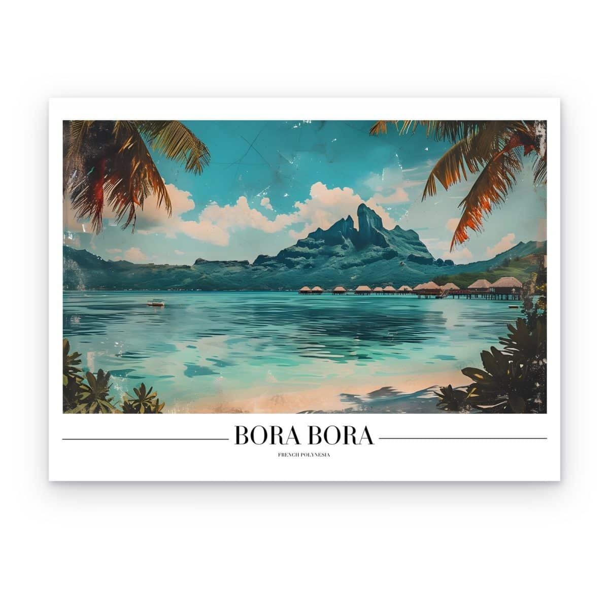 Cuadro Bora Bora Retro impreso en canvas, laguna turquesa con bungalós, montaña y palmeras