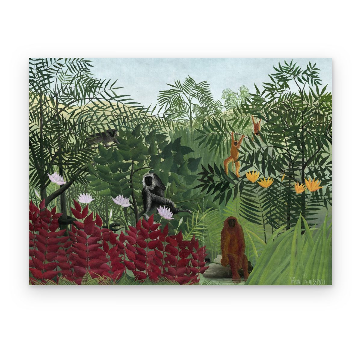 Cuadro Bosque Tropical con Monos de Rousseau impreso en canvas, monos entre palmeras, flores blancas y hojas rojas