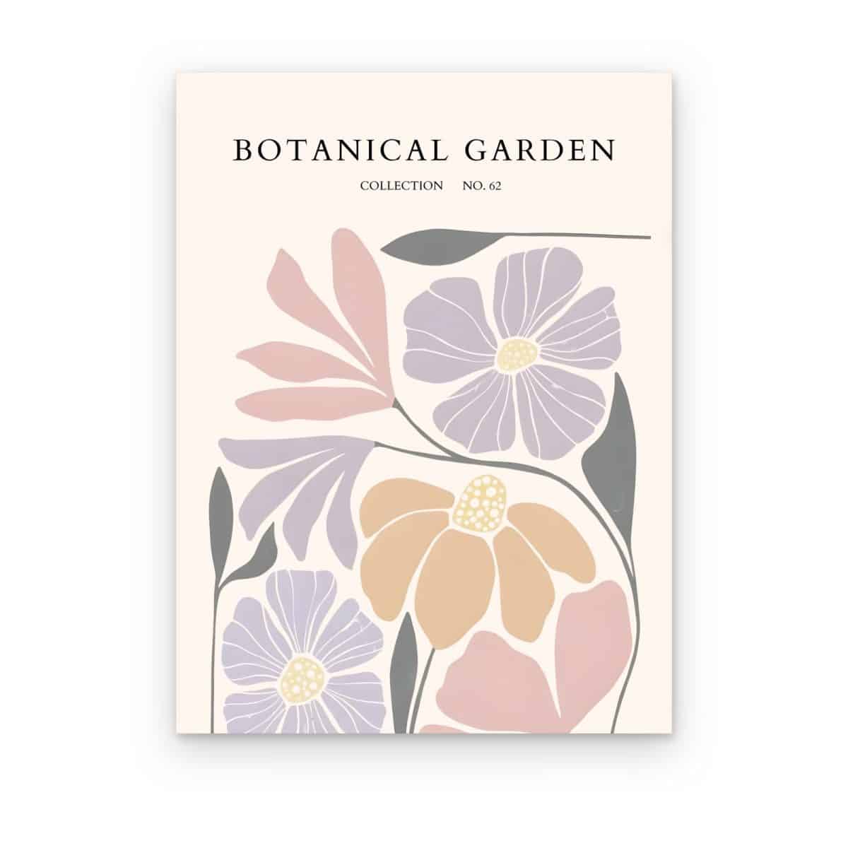 Cuadro Botanical Garden Pastel impreso en canvas, flores estilizadas lila, durazno y rosa sobre fondo crema