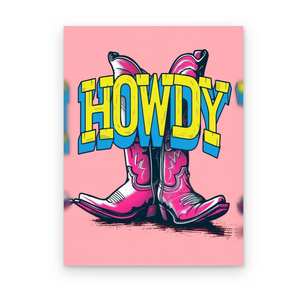 Cuadro Botas Howdy impreso en canvas, botas vaqueras fucsia con letras amarillas Howdy sobre rosa