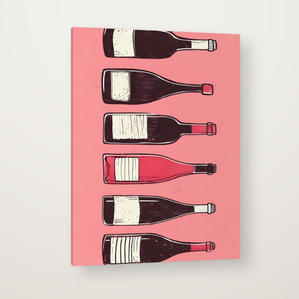 Botellas de Vino Rosas en canvas con canto en espejo