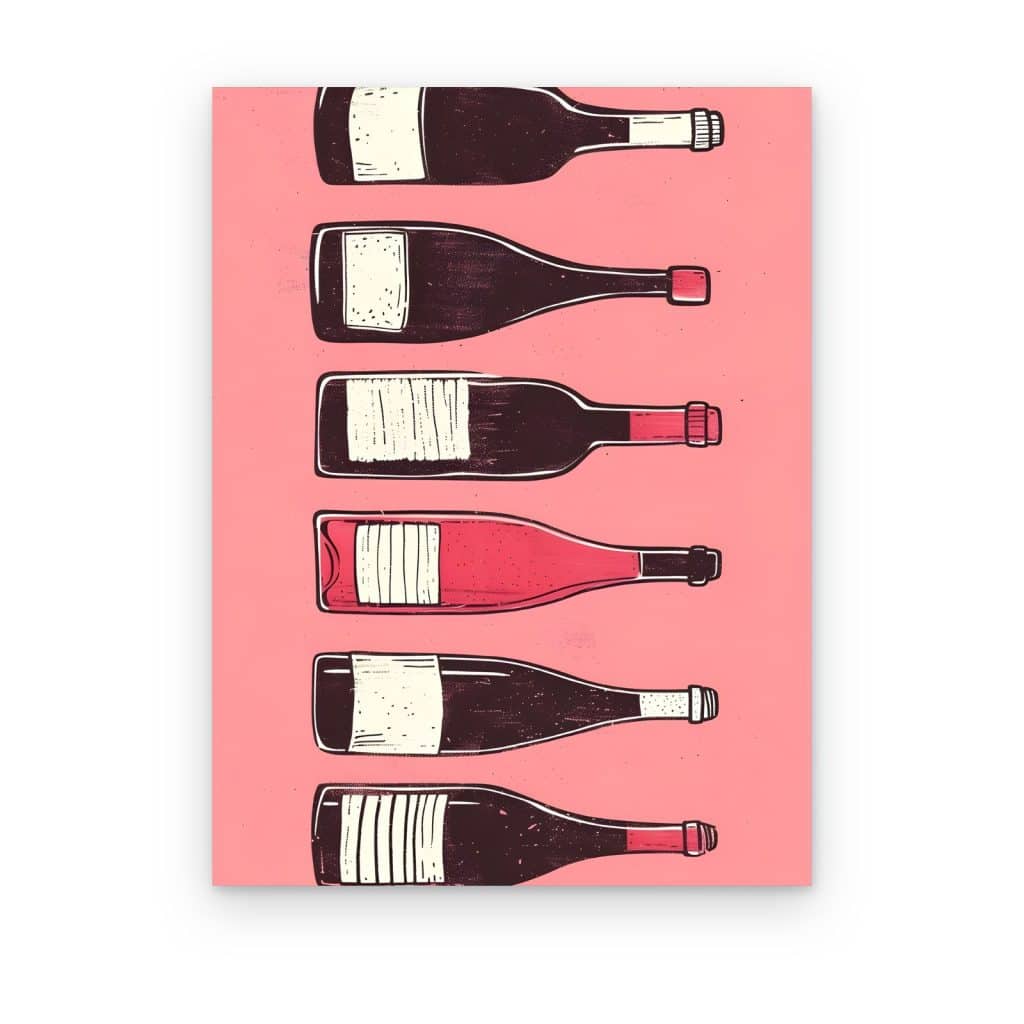 Cuadro Botellas de Vino Rosas impreso en canvas, seis botellas de vino sobre fondo coral