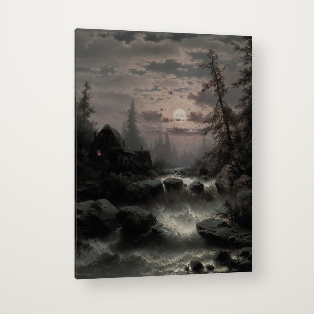 Cabaña bajo la Luna en canvas con canto en espejo