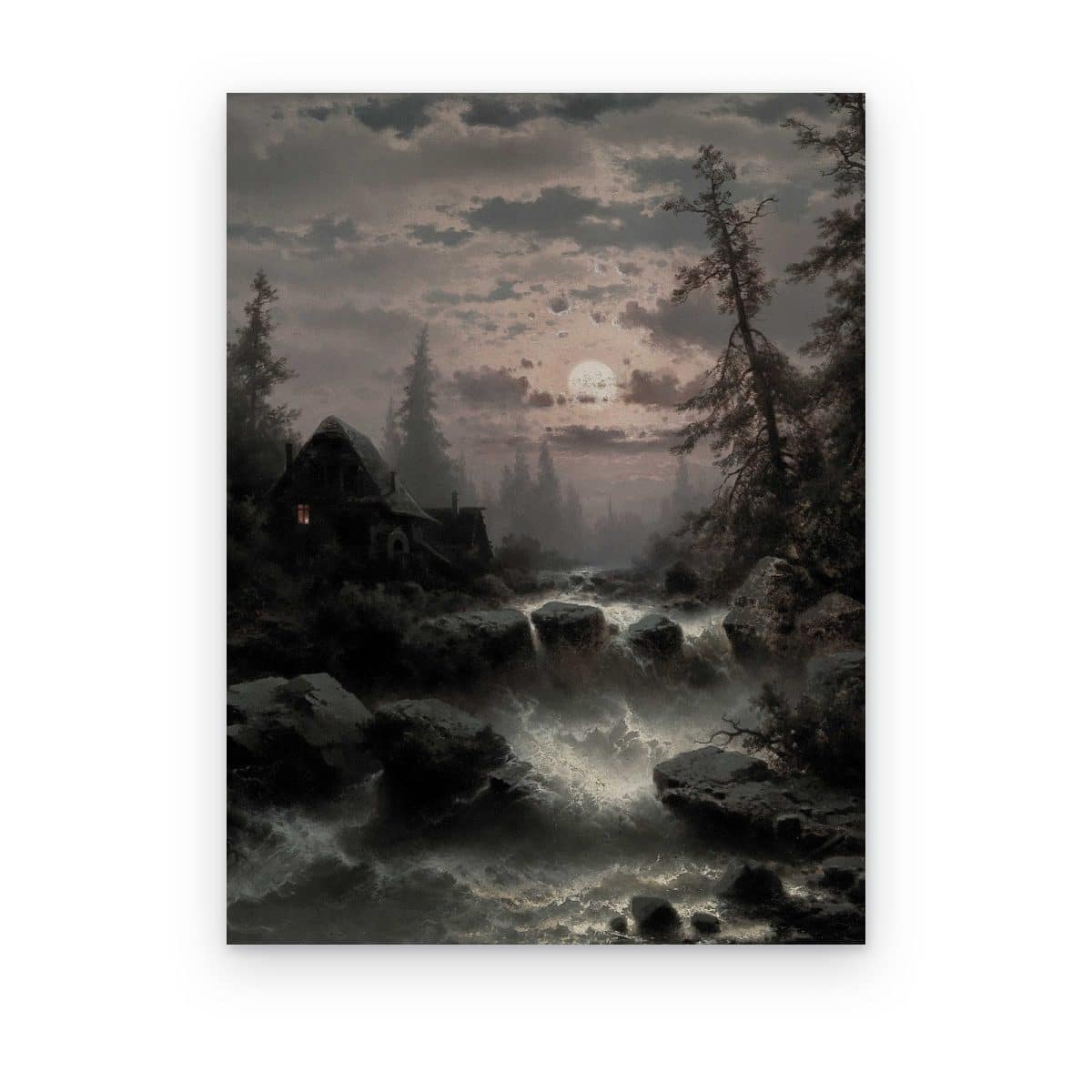 Cuadro Cabaña bajo la Luna impreso en canvas, bosque nocturno con luna, cabaña y río