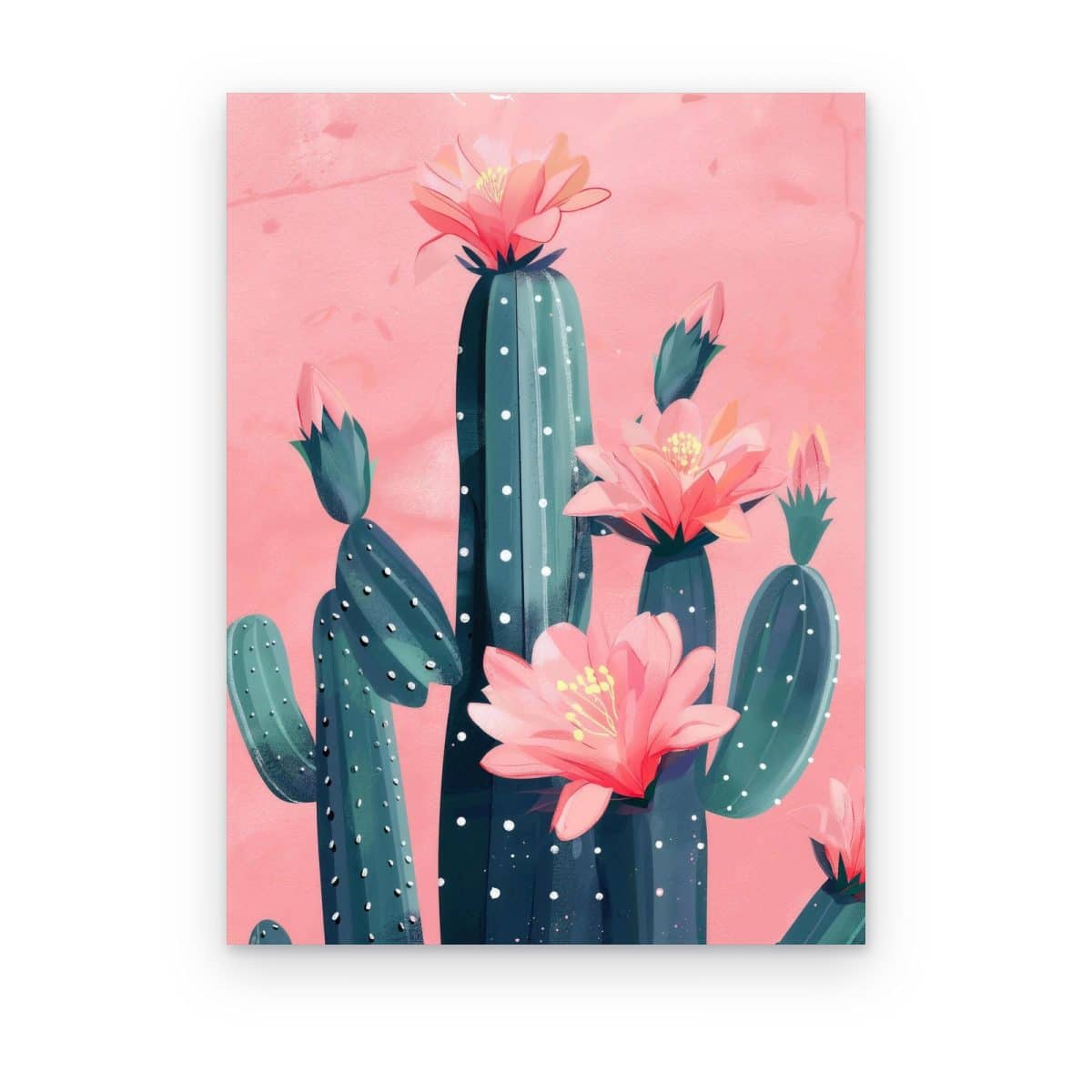 Cuadro Cactus en Flor impreso en canvas, cactus con flores rosas sobre pared rosa