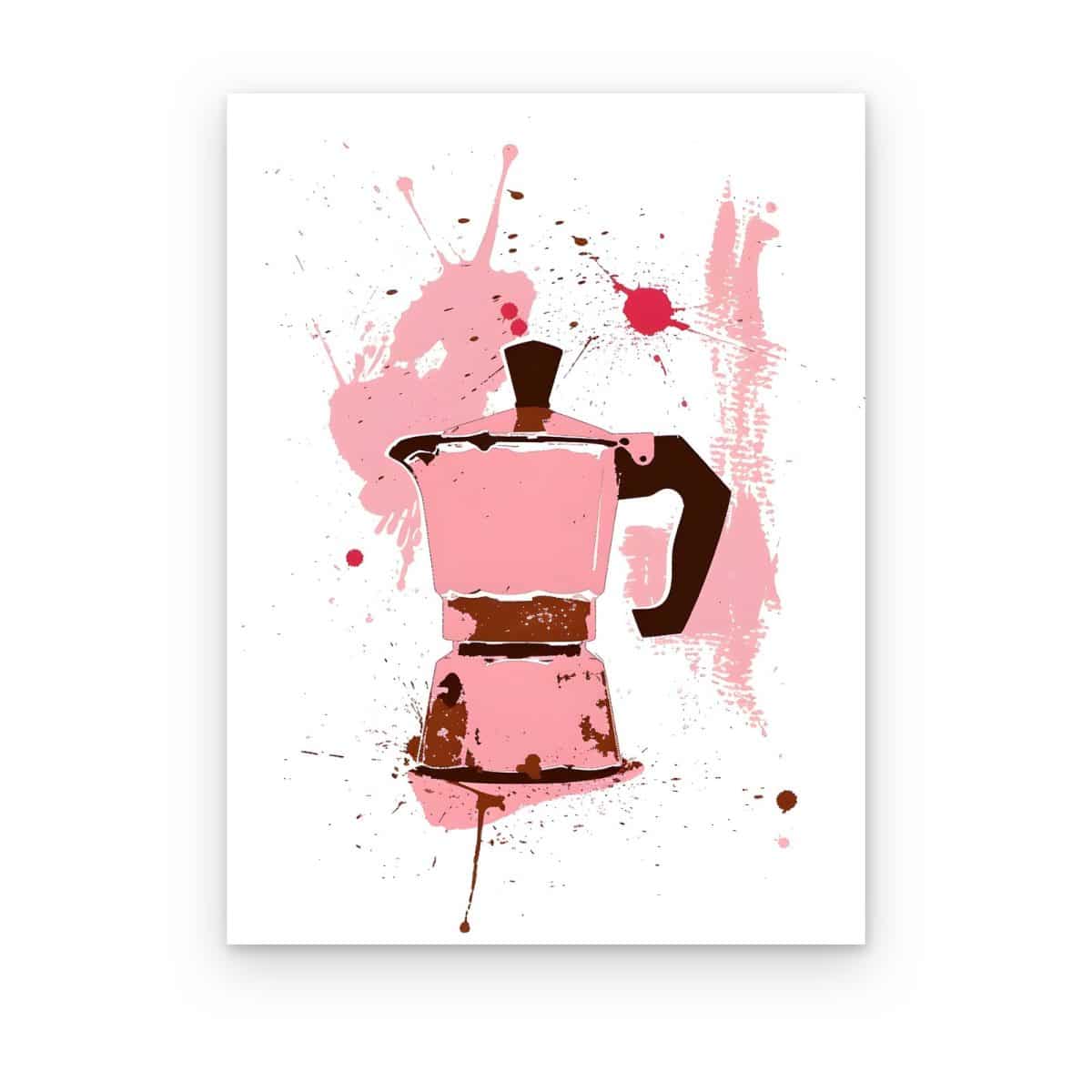 Cuadro Cafetera Rosa impreso en canvas, cafetera italiana rosa con salpicaduras