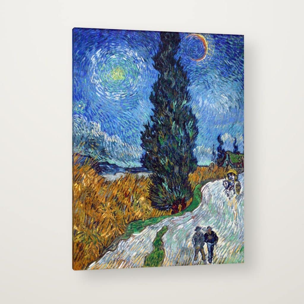 Camino con Ciprés y Estrella de Van Gogh en canvas con canto en espejo