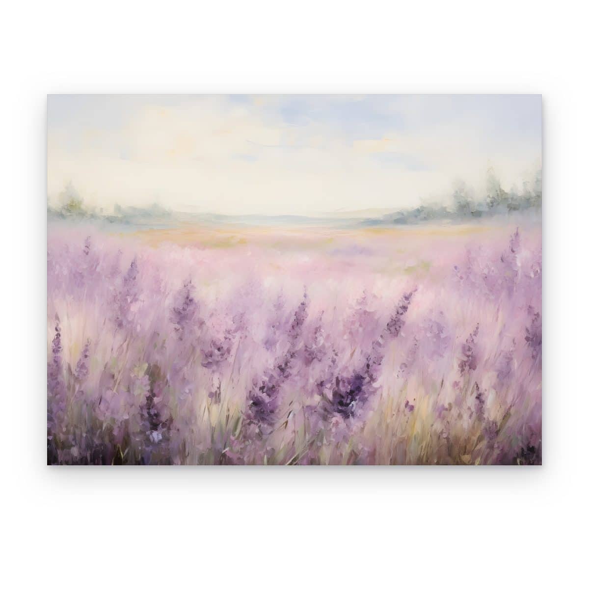 Cuadro Campo de Lavanda impreso en canvas, campo de lavanda en tonos lila pastel bajo cielo claro