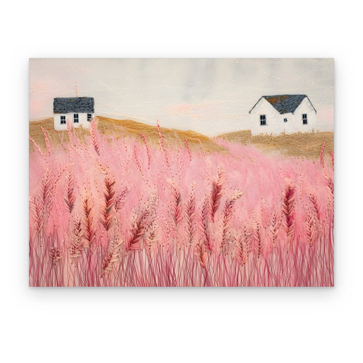 Cuadro Campo Rosa impreso en canvas, trigal rosa con dos casas blancas en la colina