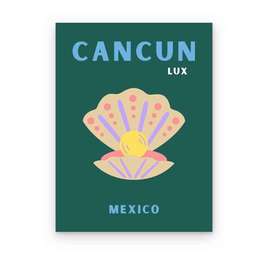 Cuadro Cancún Preppy impreso en canvas, póster preppy de Cancún con concha y perla sobre verde