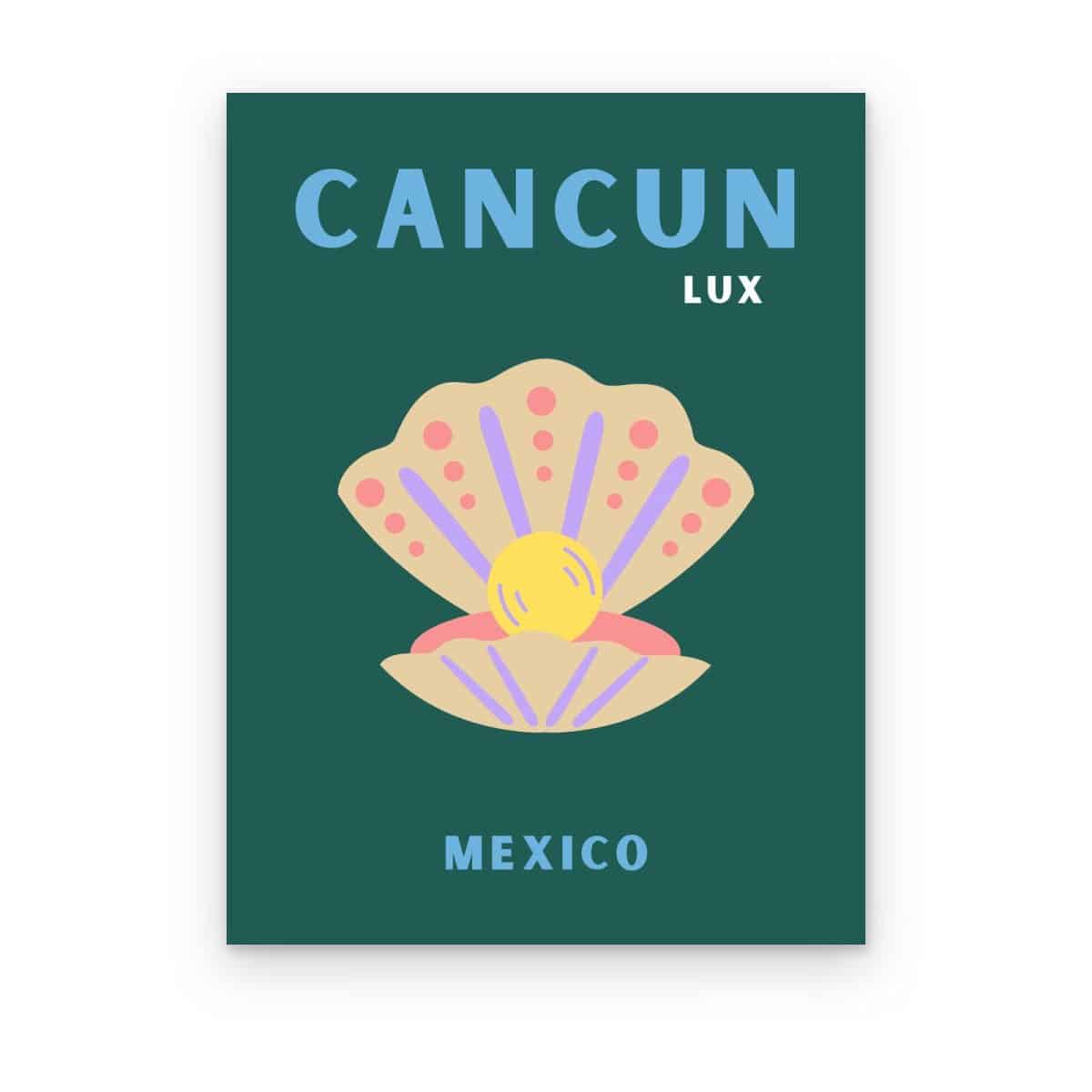 Cuadro Cancún Preppy impreso en canvas, póster preppy de Cancún con concha y perla sobre verde
