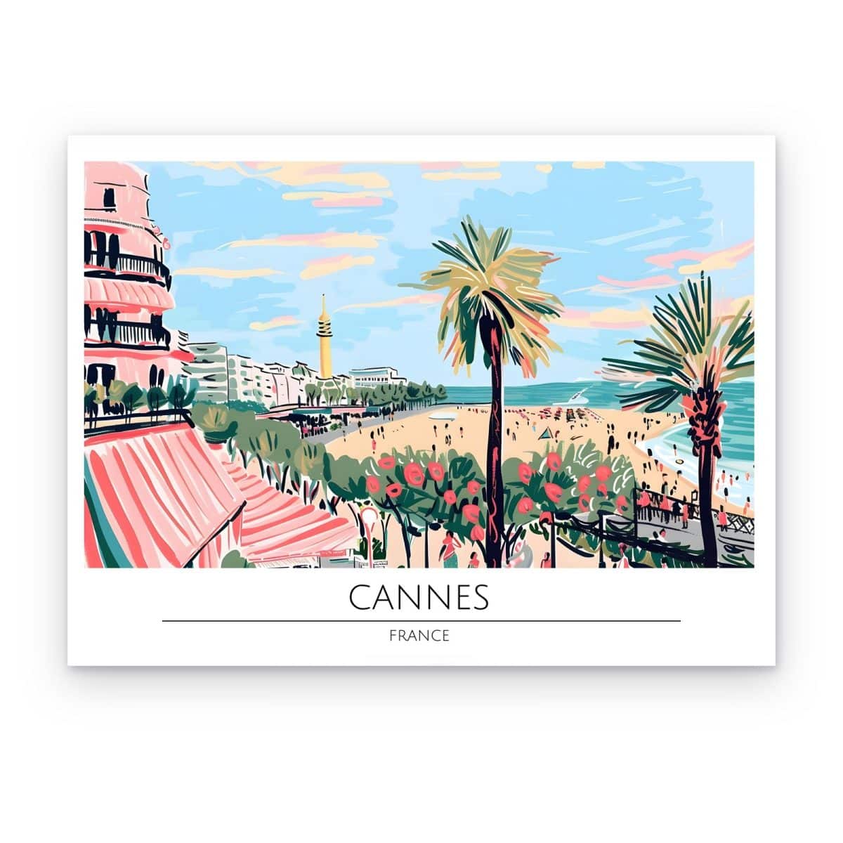 Cuadro Cannes Preppy impreso en canvas, playa con palmeras, flores y toldos rosas bajo cielo celeste