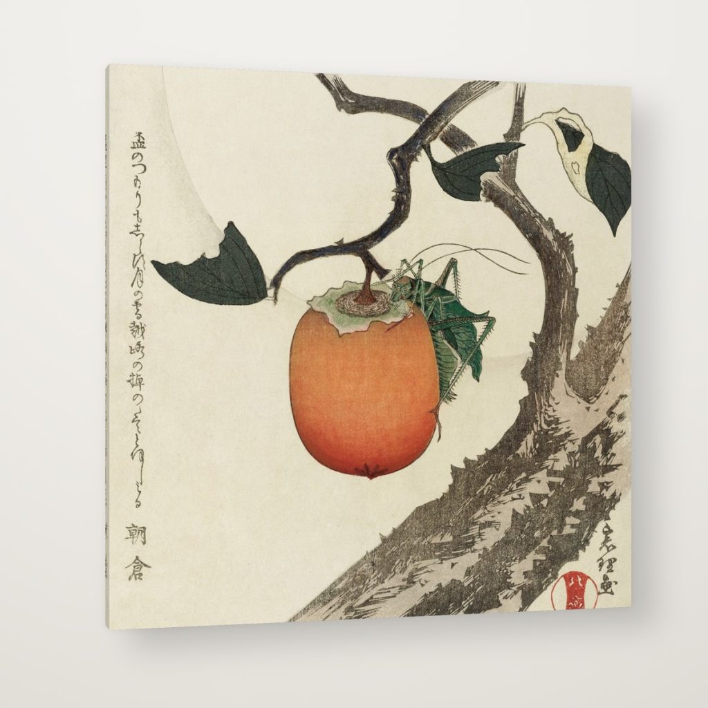 Caqui y Saltamontes de Hokusai en canvas con canto en espejo