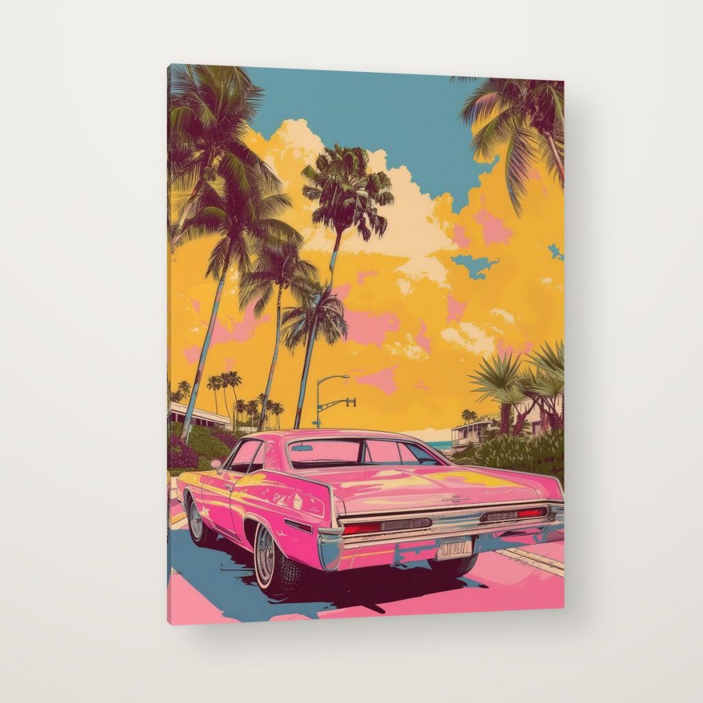 Carro Rosa entre Palmeras en canvas con canto en espejo