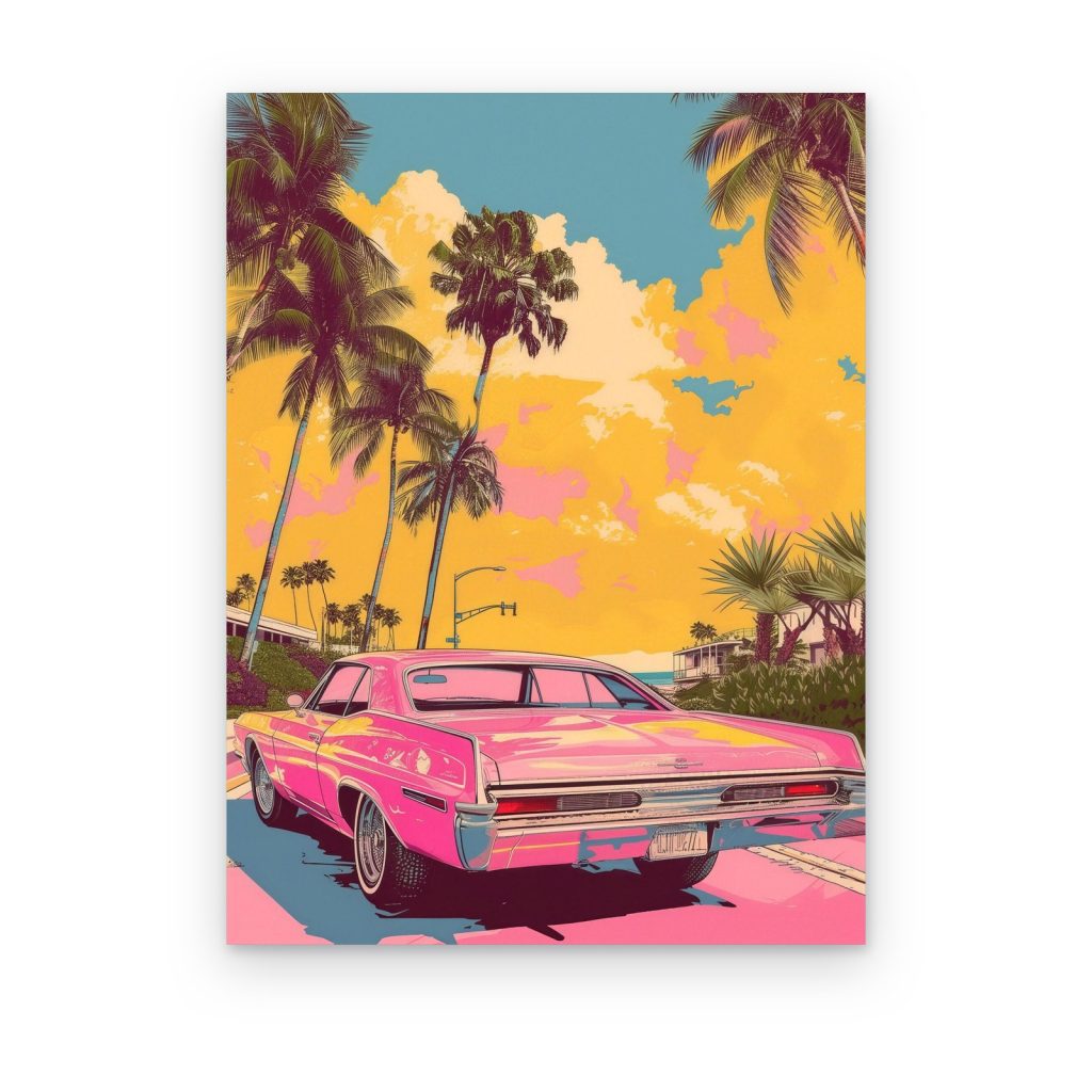 Cuadro Carro Rosa entre Palmeras impreso en canvas, auto clásico rosa bajo palmeras y cielo amarillo
