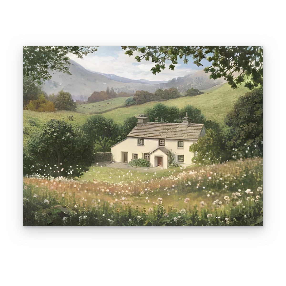 Cuadro Casa de Campo Inglesa impreso en canvas, casa clara en un valle verde con flores silvestres