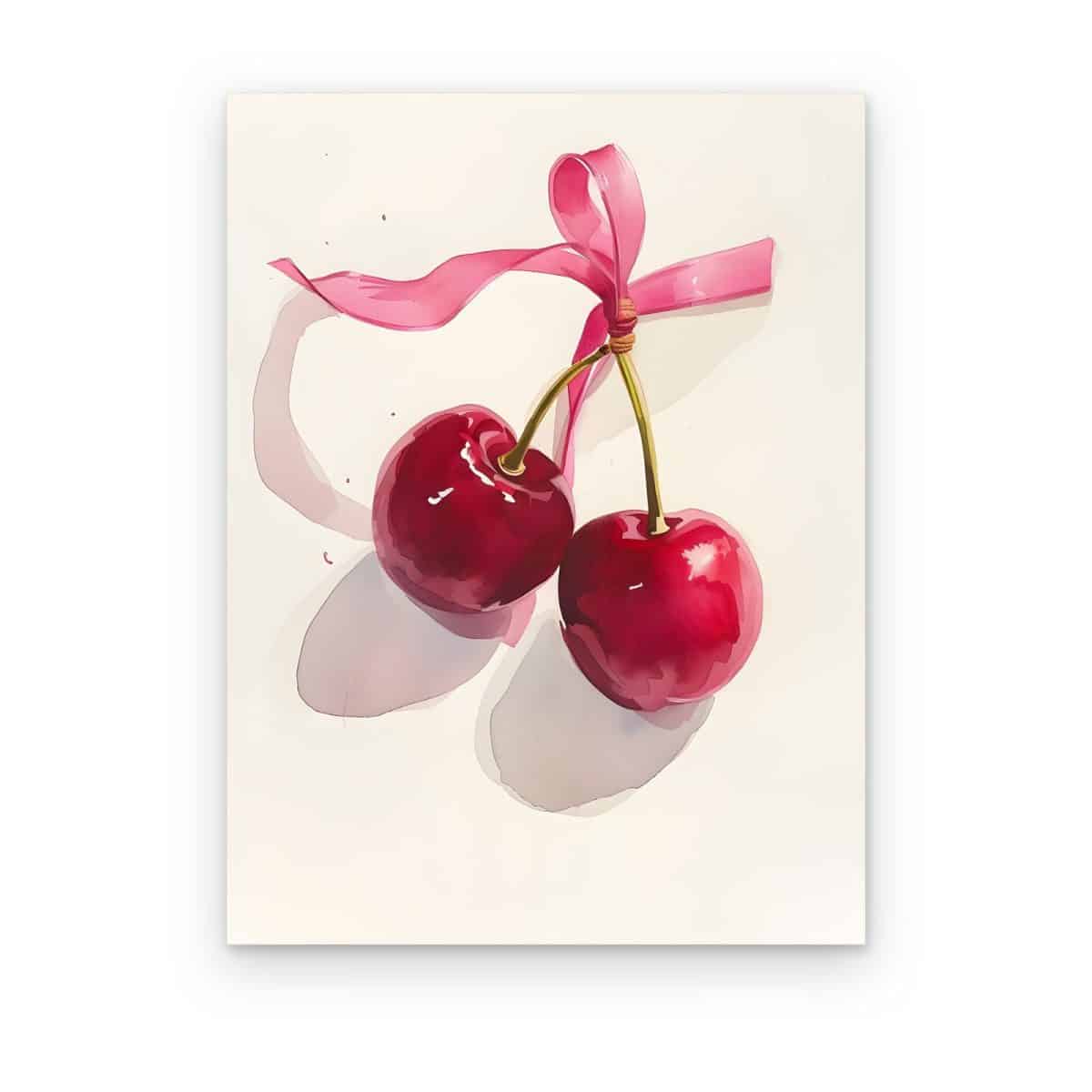 Cuadro Cerezas con Moño impreso en canvas, par de cerezas rojas atadas con listón rosa en acuarela