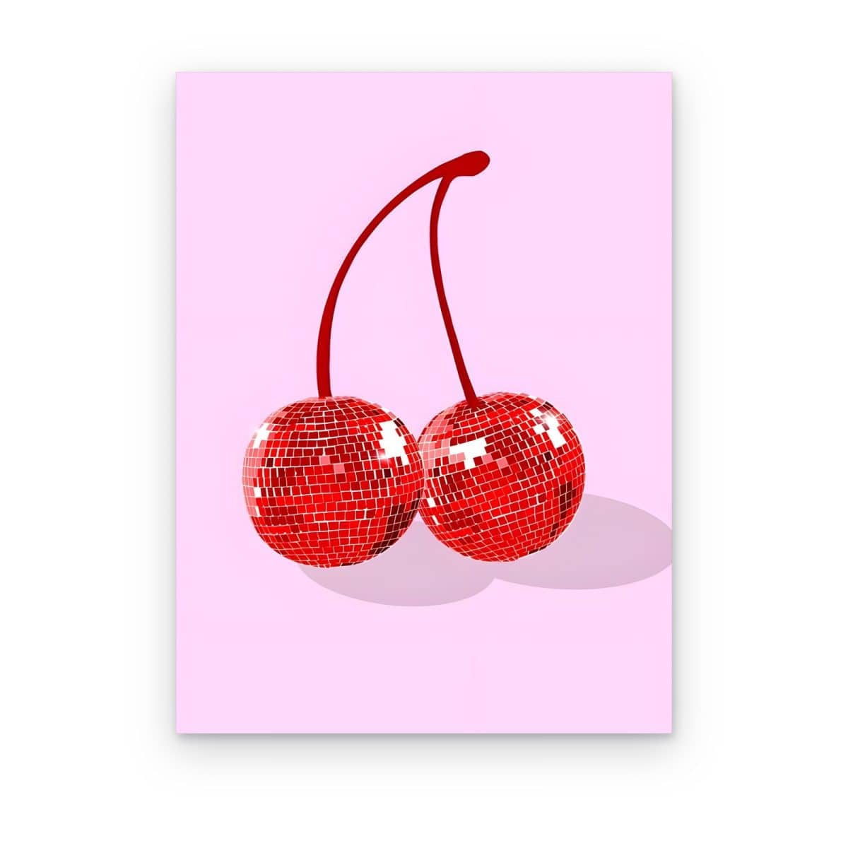 Cuadro Cerezas Disco impreso en canvas, cerezas rojas de bola disco sobre fondo lila