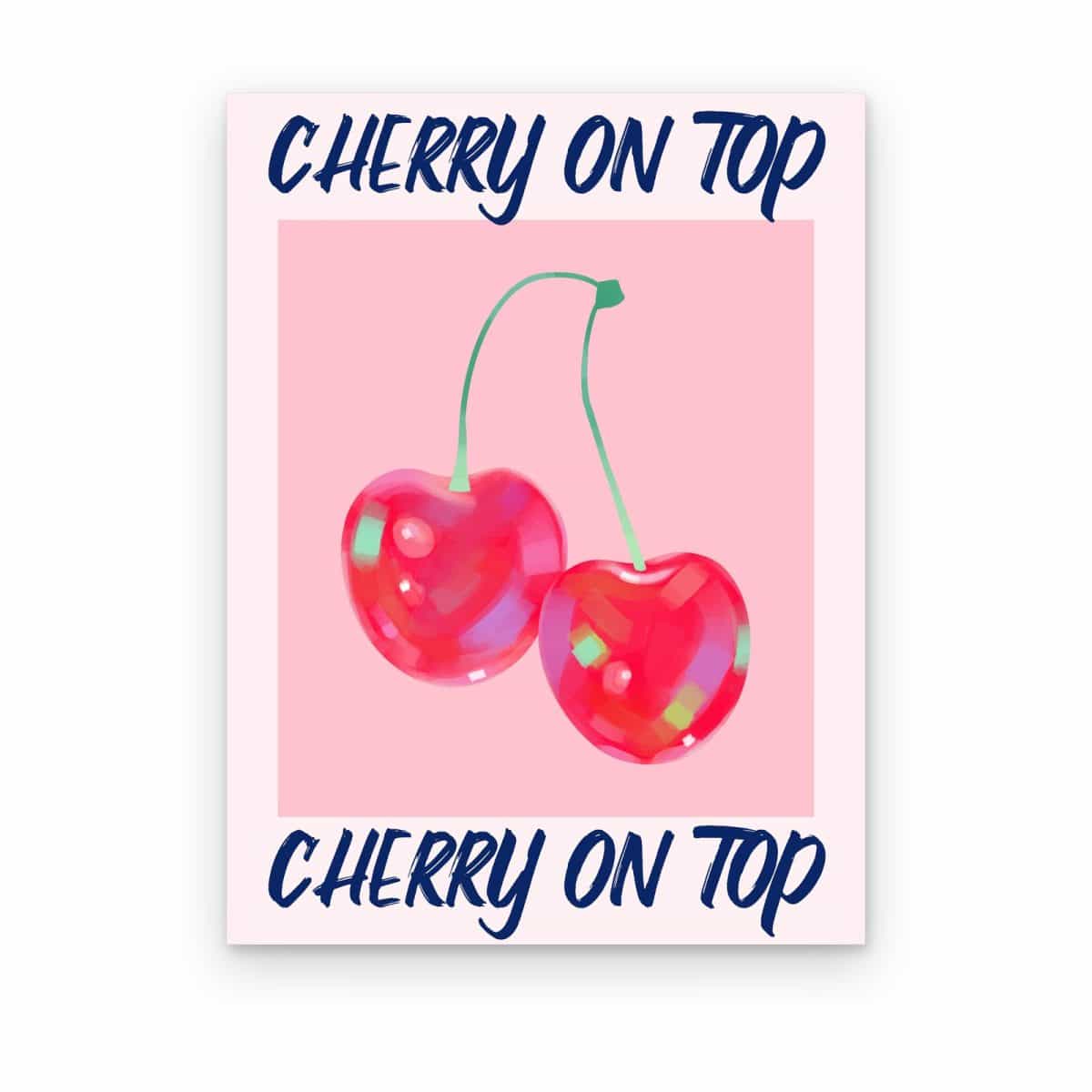 Cuadro Cherry on Top impreso en canvas, cerezas rojas brillantes sobre fondo rosa con letras azul marino