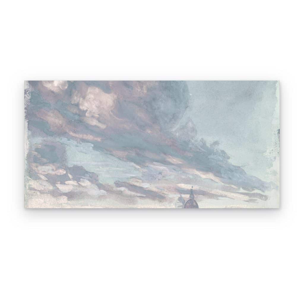 Cuadro Cielo Nublado impreso en canvas, nubes malva y grises sobre ciudad con cúpula